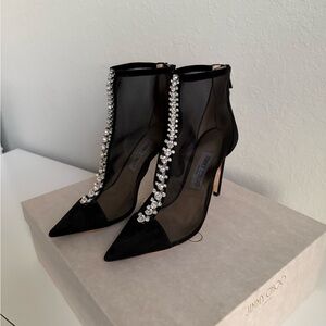 Jimmy Choo Black Mesh Ankle Boots with Crystal Accents